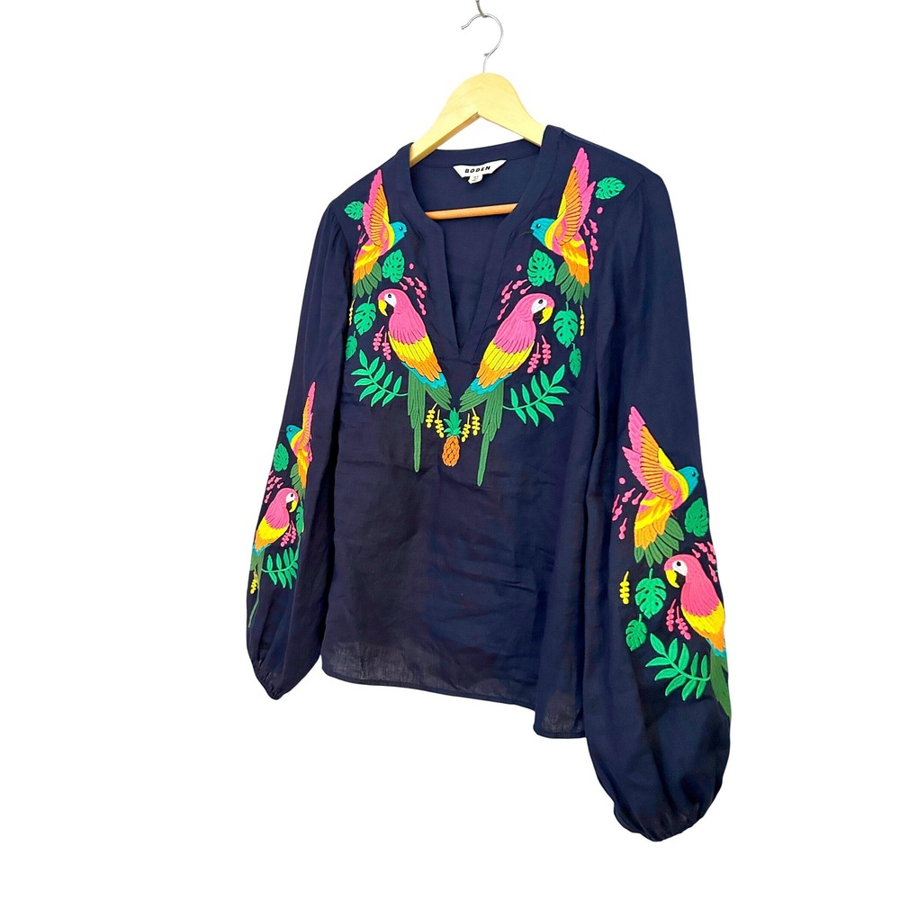 Boden Bonnie Linen Top Navy Blue Parrot Pineapple Embroidered Blouse US 6 - Picture 7 of 12